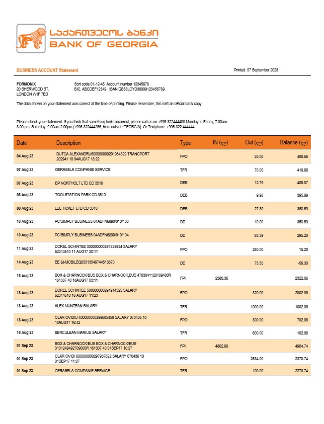 Relevé de compte courant d'entreprise de la Bank of Georgia Modèle Word et PDF